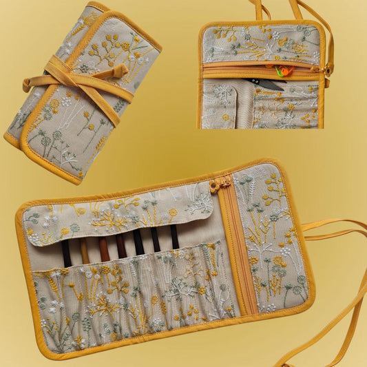 Embroidered Wildflower Crochet Hook Roll Case: Handmade Cotton-Linen Organizer