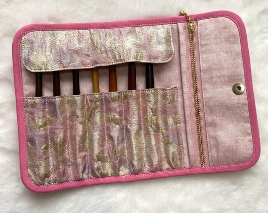 Handmade Crochet Hook Case: Pearl Button Pink Floral Brocade